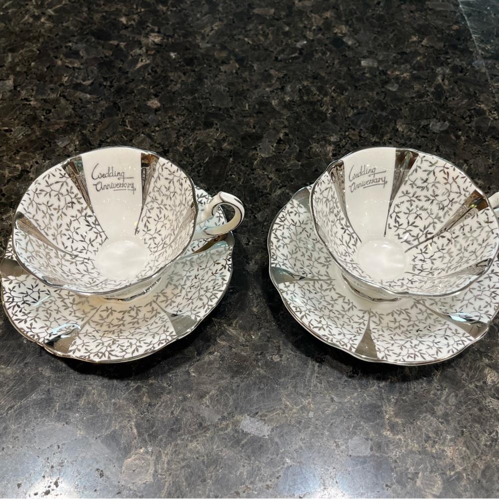 Queen Anne Silver Lace Wedding Anniversary set of 2 teacups and saucers